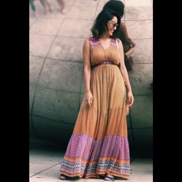 Anthropologie Embellished Chiffon Swing Maxi  Dress 2 - Picture 4 of 8